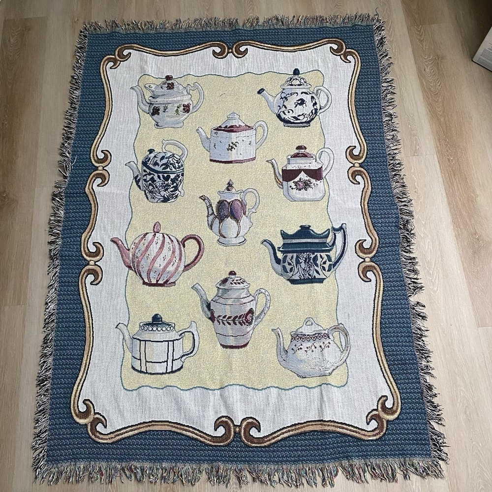 Vintage Cotton Woven Teapot Tapestry Teapots Tea Time Cottagecore Fringe 48x66
